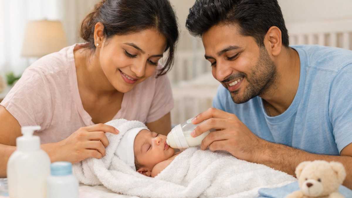 Indian parents smiling as they bottle-feed their newborn wrapped in a towel