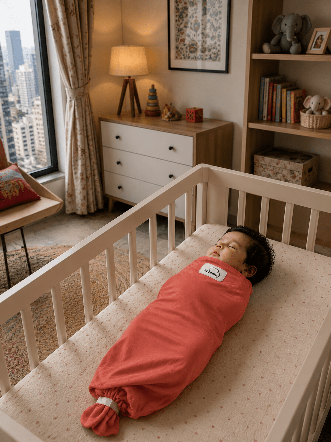 Baby sleeping on their back in a coral Sobabu swaddle in a cot, in a warmly lit Indian bedroom