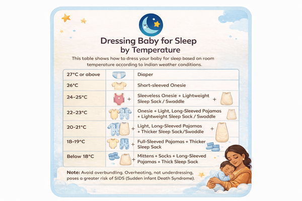 Chart showing what to dress a baby in for sleep at each room temperature, from a diaper above 27C down to a thick sleep sack below 18C