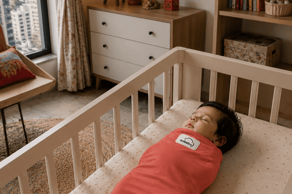 Baby sleeping on their back in a coral Sobabu swaddle in a cot, in a warmly lit Indian bedroom