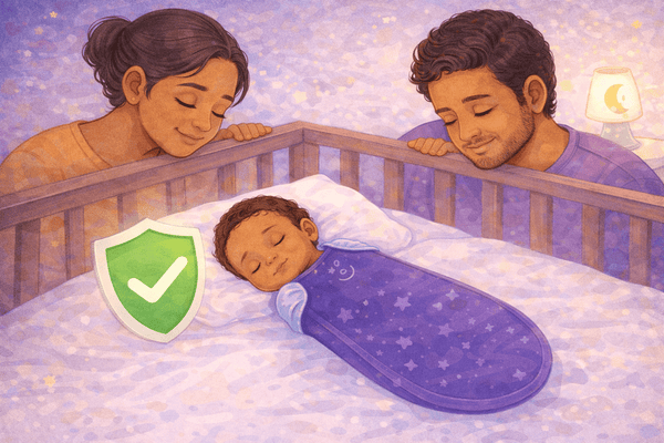 Parents watching their baby sleep on their back in a wearable sleep sack in a cot, marked with a safety tick