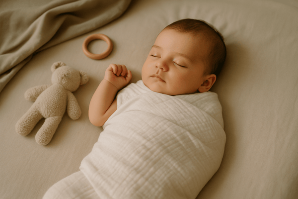 Newborn sleeping on their back in a white muslin swaddle beside a knitted teddy and a wooden ring
