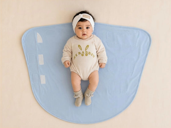 A baby wearing a cream bodysuit with a gold bunny graphic, a white headband, and light gray booties, lying on a light blue diaper changing pad against a beige background.