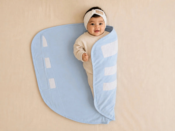 A baby wrapped in a light blue swaddle blanket with white accents, lying on a beige blanket. The baby is wearing a cream-colored long-sleeve outfit and a matching cream headband.
