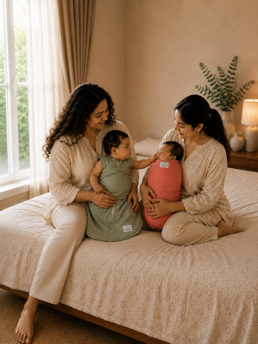 Two women sitting on a bed with two babies wrapped in swaddle blankets. One baby is wrapped in a sage green blanket and the other in a dusty pink blanket.