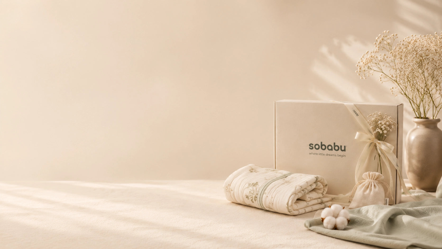 A beautifully wrapped Sobabu gift box with baby sleep essentials prepared for a growing family.