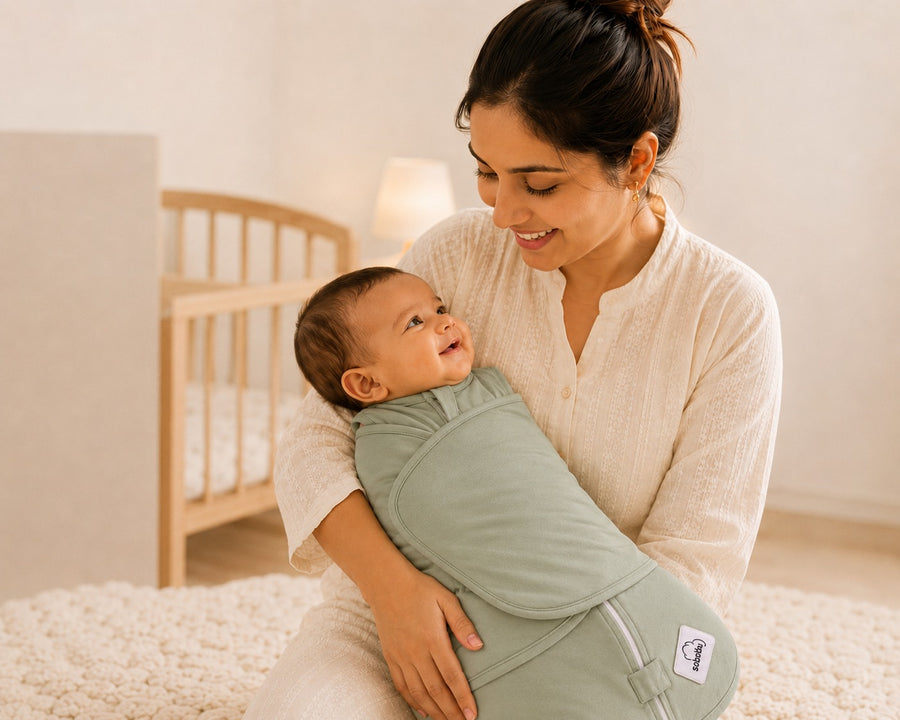 Woman holding a baby wrapped in a green sobabu sleepsack in a nursery.