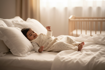 A baby lying on a bed with white pillows and blankets, wearing a cream-colored patterned sleeper, with a wooden crib visible in the softly lit background.