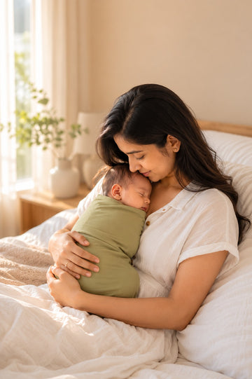 Woman holding a baby in bed in a warm, natural setting