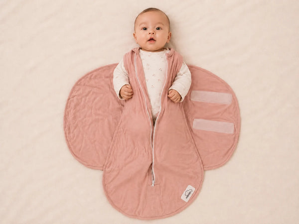 A baby lying on a dusty pink butterfly-shaped quilted swaddle blanket, wearing a white long-sleeve top. The swaddle has a front zipper and two clear plastic window panels on the wings.