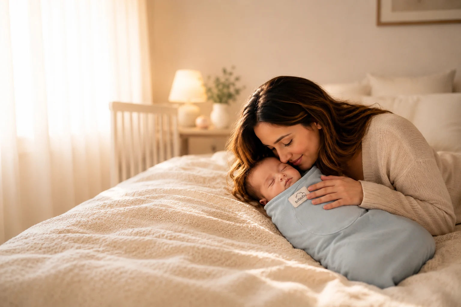 A woman in a beige sweater gently holds a sleeping newborn baby wrapped in a light blue swaddle blanket on a bed in a warmly lit nursery.